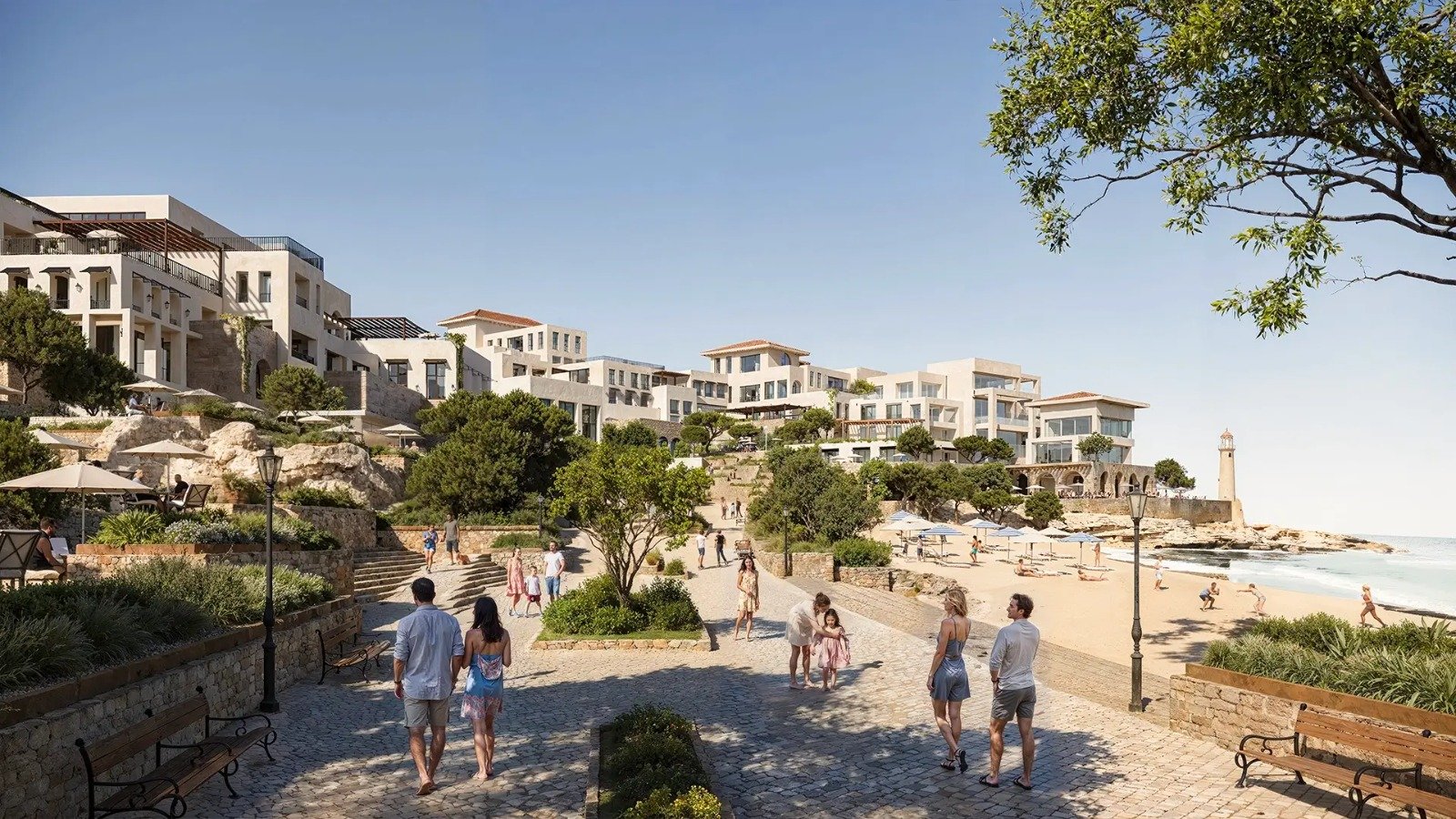 Sunset over the Mediterranean Sea at North Point Island, with whitewashed Cycladic-inspired villas lining the Ras El Hekma shoreline.