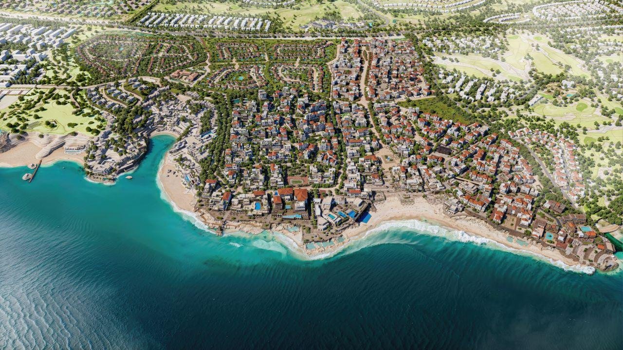 Aerial sunrise view of Ras El Hekma coastline with turquoise Mediterranean waters and master-planned marinas